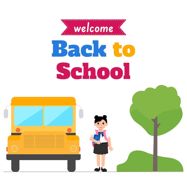 Welcome back to school cartoon banner girl in school uniform waiting to board school bus