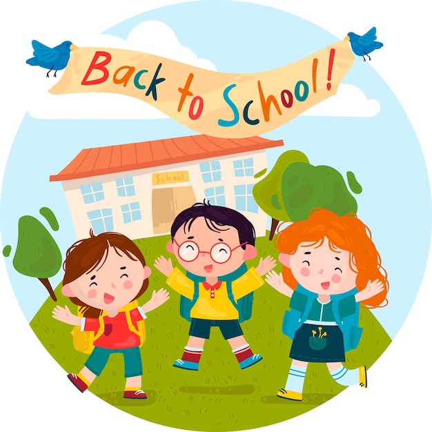 Welcome back to school. children rejoice and jump with happiness on the lawn against the background