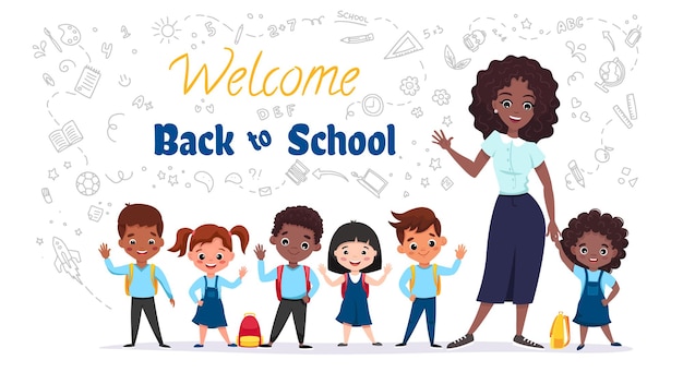 Welcome Back to school concept Little children smiling with their teacher