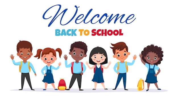 Welcome back to school Cute school kids with backpacks are happy waving and smiling