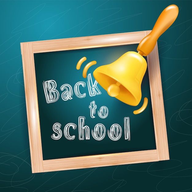 Welcome back to school drawing text with chalk on a blackboard with a bell for school subjects banne