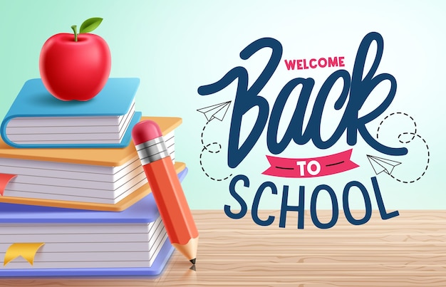 Welcome back to schoolのクリップアートは学校への帰還を祝うテキストで書籍のクリップアートが描かれています