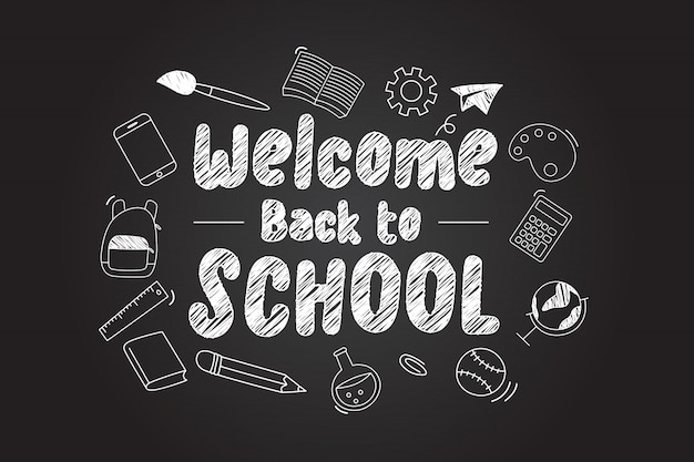 Vector welcome back to school lettering with scholl icons