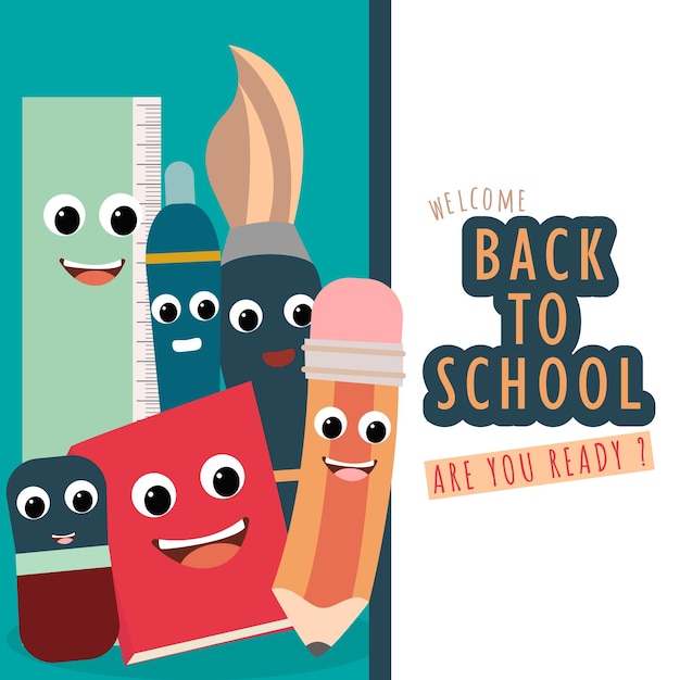 Vector welcome back to school poster and banner with colorful pencils and elements