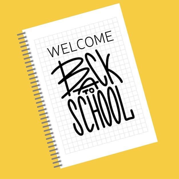 Welcome Back to school square banner doodle on checkered paper background Concept of education