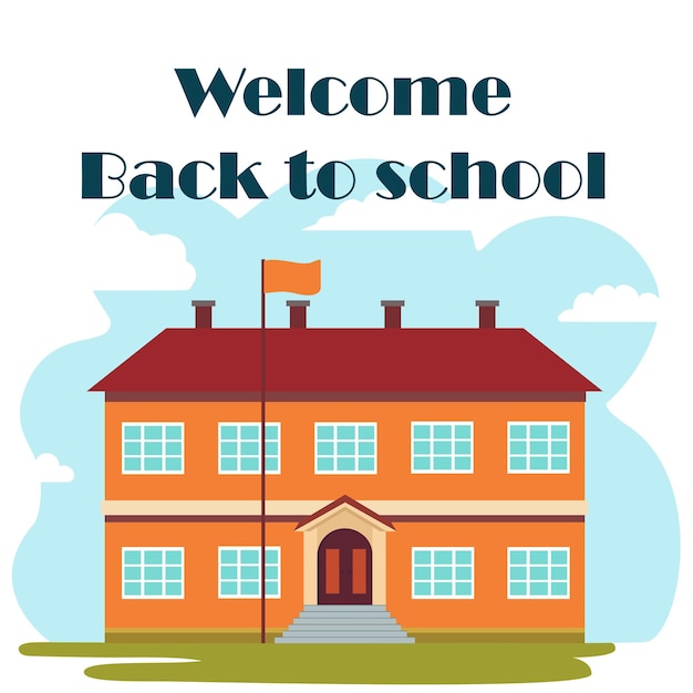 Welcome back to school square banner School building on landscape Welcome to school Vector