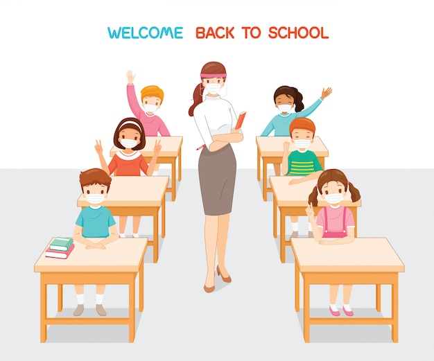 Welcome back to school, teacher and students wearing surgical mask relaxing in classroom