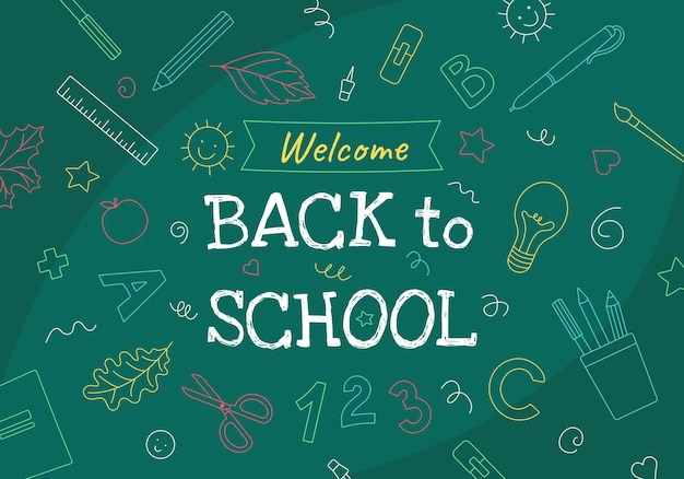 Welcome back to school text drawn in colored chalk on a blackboard with school elements Banner