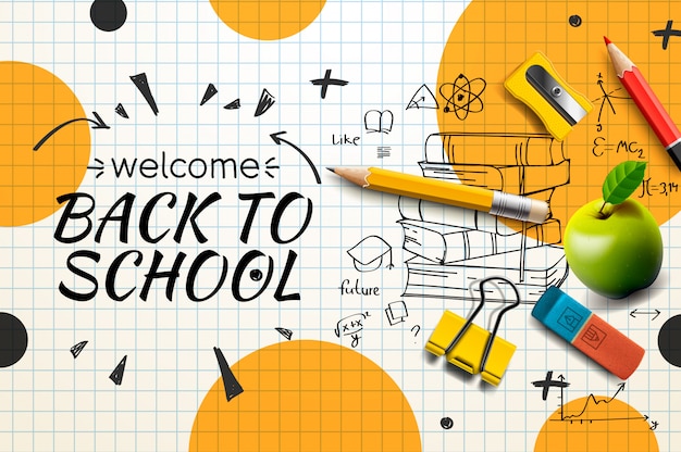 Vector welcome back to school web banner, doodle on checkered paper background,  illustration.