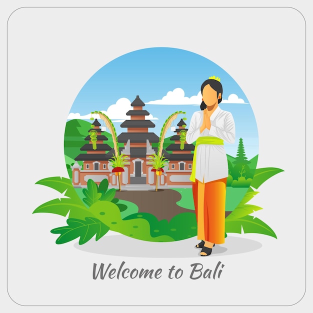 Vector welcome to bali greetings card with balinese woman