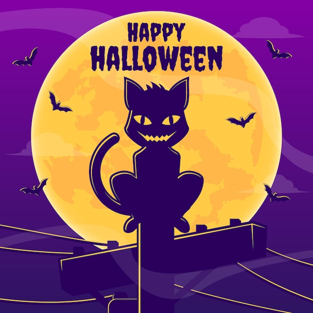 Welcome banner halloween Scary cat sitting on pole cartoon illustration