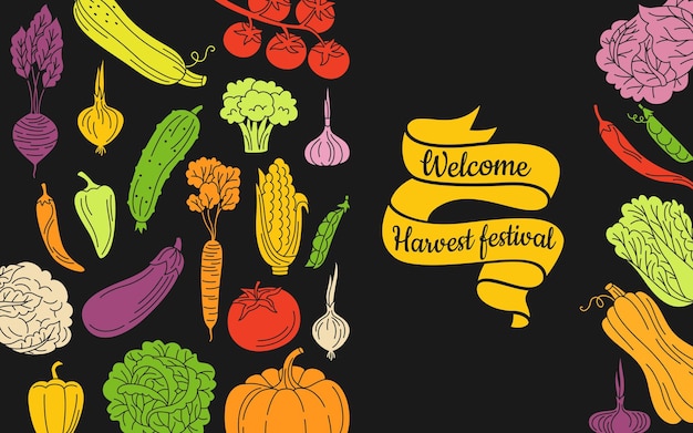 Приветственный баннер Фестиваль урожая мультфильм овощи фон шаблон плаката для сельского хозяйства здоровая пища