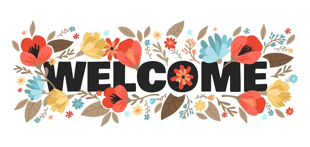 Vector welcome banner with flowers vector flat vector illustration isolated on white background