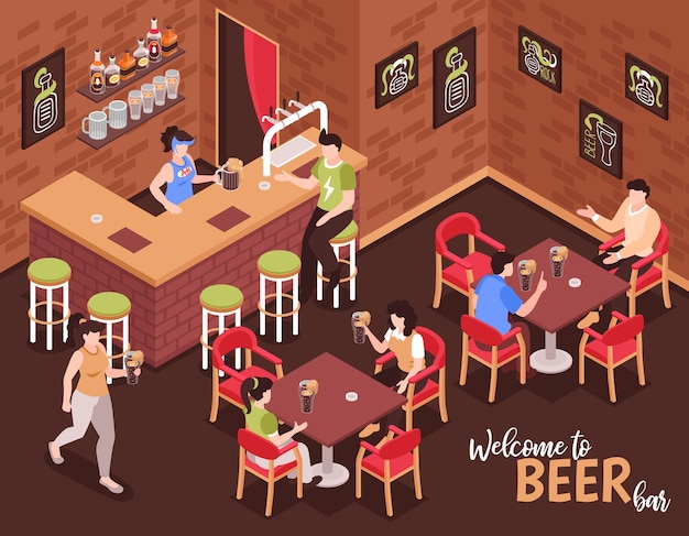 Welcome to beer bar isometric composition with bartender and visitors sitting at tables and drinking beer