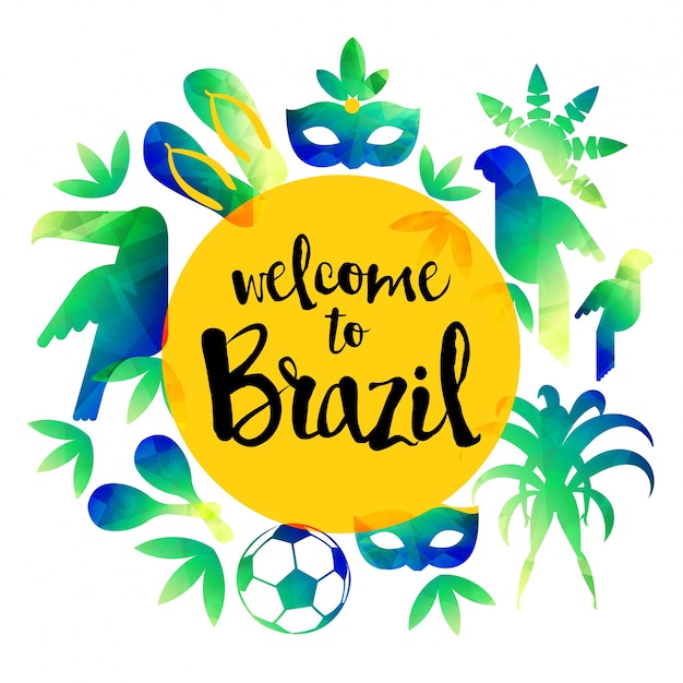 Vettore benvenuto in brasile. icon set concetto di viaggio e turismo. sfondo del brasile