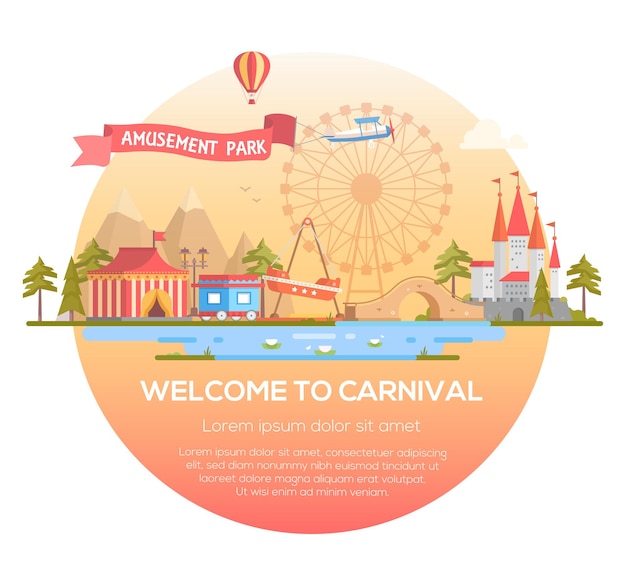 Vector welcome to carnival - modern vector illustration in a round frame with place for text. cityscape with attractions, circus pavilion, castle, mountains, pond. entertainment, amusement park concept