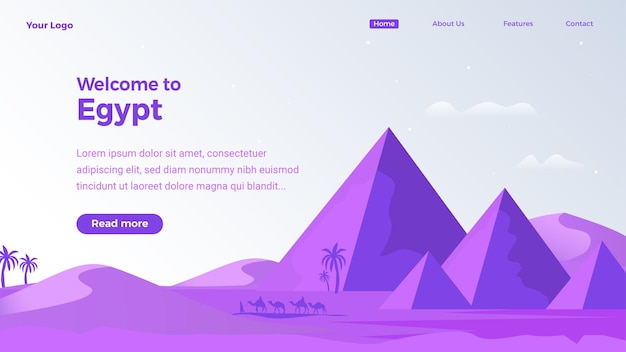 Добро пожаловать на целевую или домашнюю страницу Египта или шаблон баннера веб-сайта. векторная иллюстрация пирамид