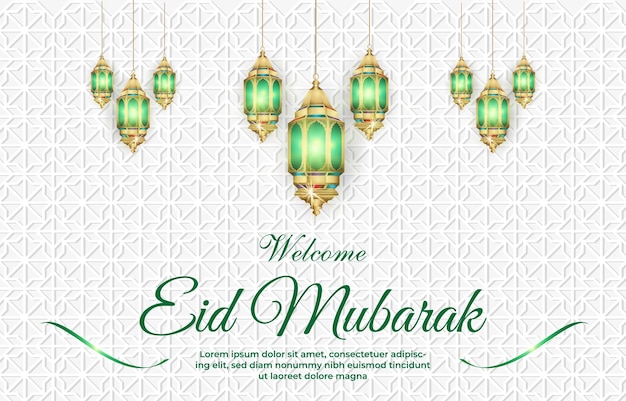 Welcome eid mubarak banner with beautiful shiny islamic ornament and abstract gradient white and green background design