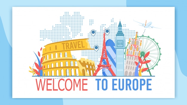 Benvenuti in europa banner pubblicitario piatto vettoriale