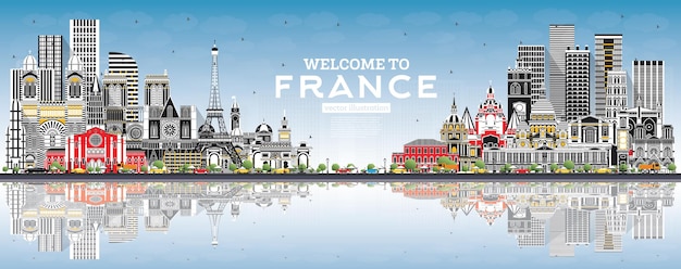 Welcome to France Skyline with Gray Buildings Blue Sky and Reflections Vector Illustration