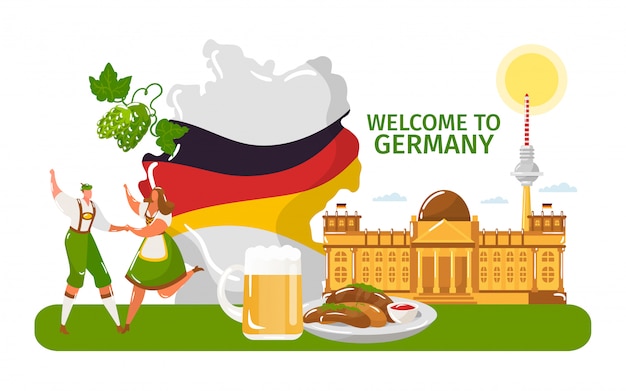 Vector welcome to germany, people male, female in traditional cloth, dance isolated on white, flat vector illustration. national country flag.