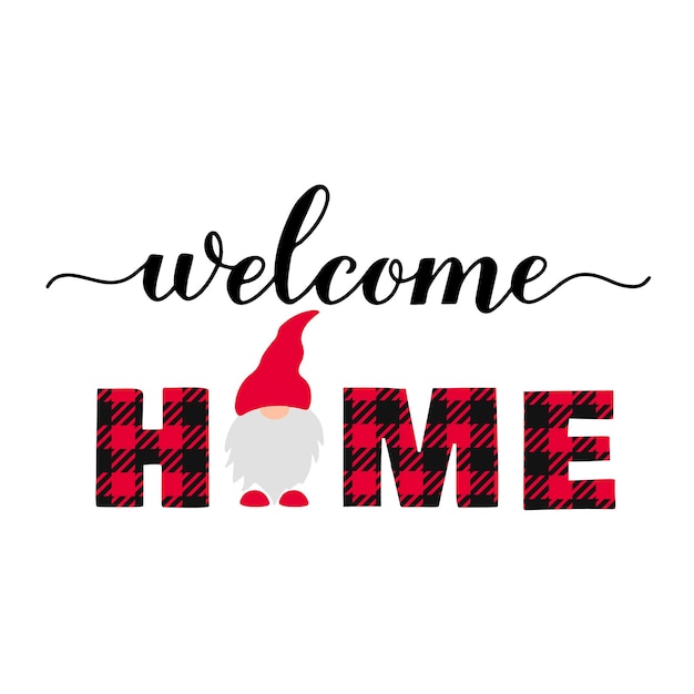Scritte di benvenuto a casa con graziose decorazioni natalizie di gnomi segno del portico verticale modello vettoriale