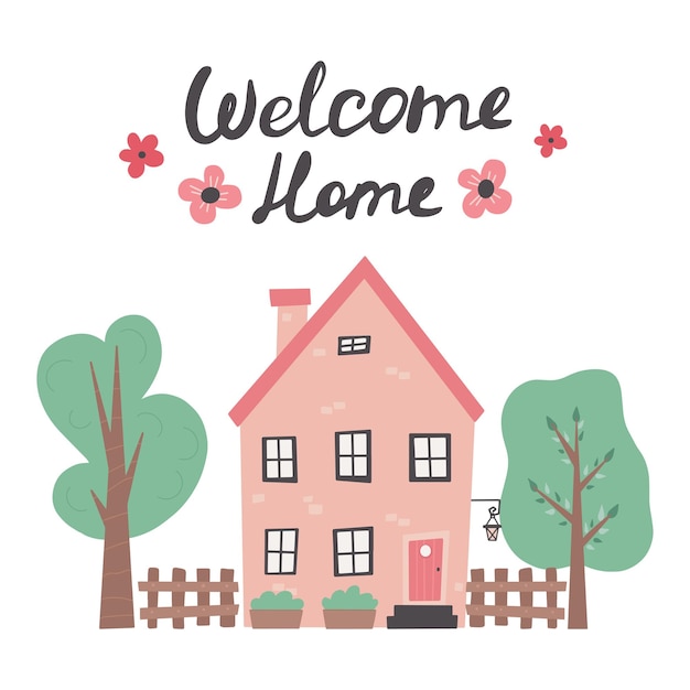 Welcome home lettering with cute house hand drawn trendy vector illustration with colored houses