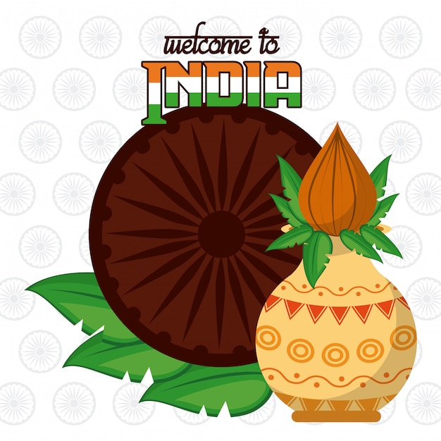 Welcome to India card with lotus flower in antique jar 