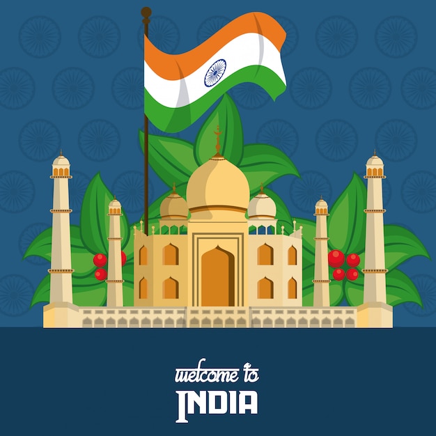 Vector welcome to india card with taj mahal