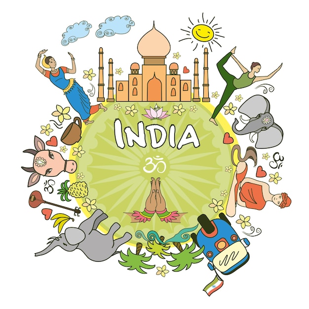 Benvenuti in india impostazione india icone vettoriali a colori e simboli illustrazione vettoriale