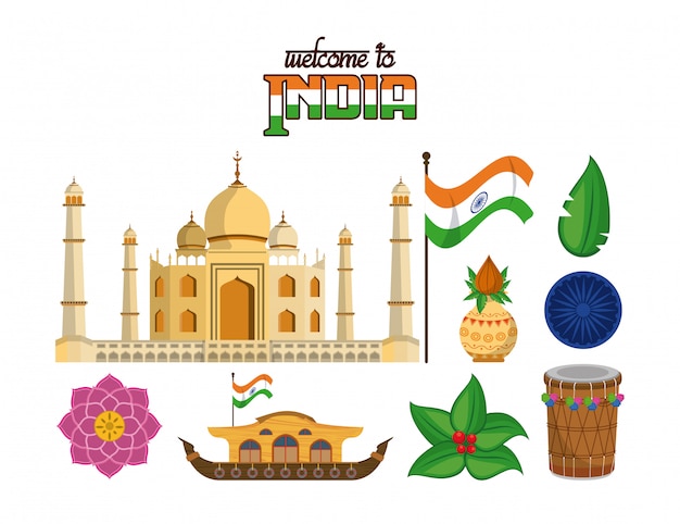 Vector welcome to india tourism emblems set