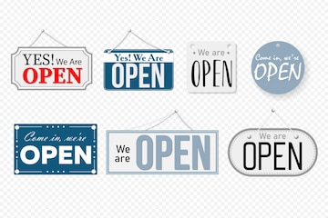 Premium Vector  Yes we're open sticker, company message, label, signboard  or banner for supermarket, store, shop door or service notification. sign  design with typography for restaurant or cafe. vector illustration