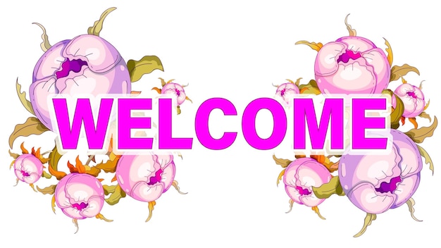 Welcome inscription with floral decor Vector on a white background Invitation banner