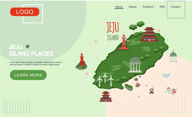 Vector welcome to jeju island in south korea traditional landmarks symbols popular place for visiting tourists jeju green tropical island travel concept korean land with traditional attractions