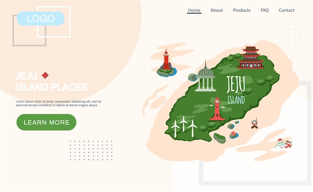 Vector welcome to jeju island in south korea traditional landmarks symbols popular place for visiting tourists jeju green tropical island with water travel korean land with traditional attractions