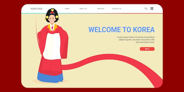 Welcome to Korea a web page with a flat illustration of a queen