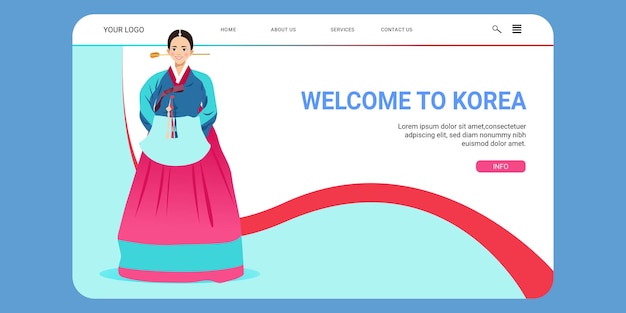 한국 소녀의 평평한 삽화가 있는 한국 웹 여행 배너에 오신 것을 환영합니다