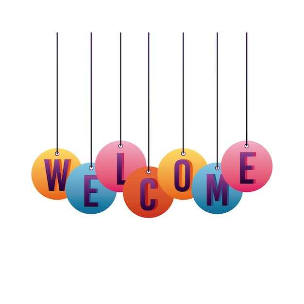 Vector welcome label lettering with letters hanging.