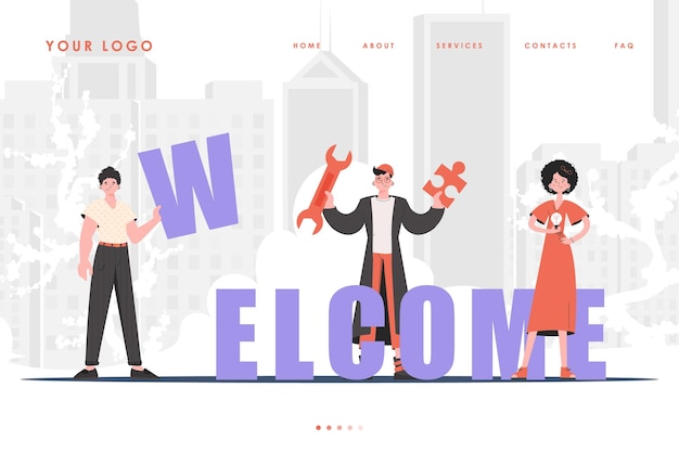 Welcome landing page diverse team of people home page for website trendy cartoon character previous illustration