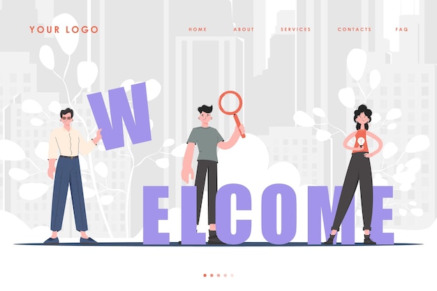 Welcome Landing Page Diverse Team of People Home page for website Trendy character style Previous illustration