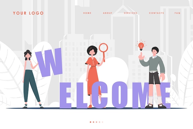 Vector welcome landing page diverse team of people home page for your website trendy character style previous illustration