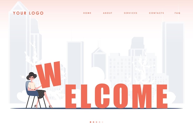 Welcome landing page the girl sits and holds the letter w in her hands the start page of the site trend style character vector illustration