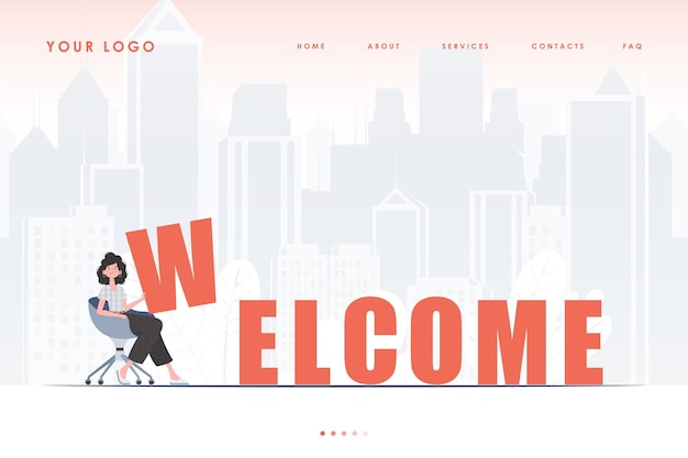 Welcome landing page The girl sits and holds the letter W in her hands The start page of the site Trendy flat style Vector illustration