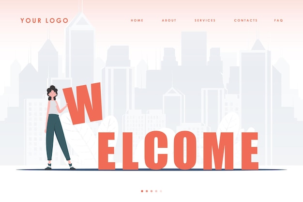 Welcome landing page the girl stands and holds the letter w in her hands the initial page for the site cartoon style character vector illustration
