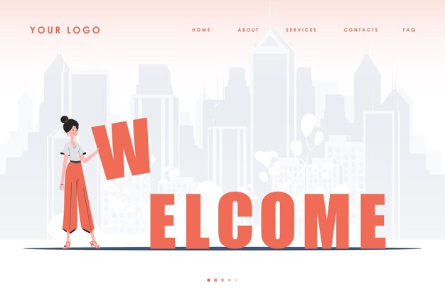 Welcome landing page The girl stands and holds the letter W in her hands The start page of the site Trendy flat style Vector illustration