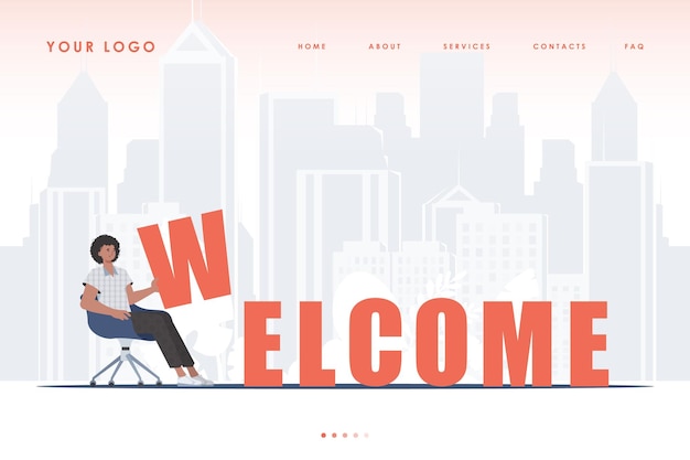 Welcome landing page A man sits and holds the letter W in his hands The start page of the site Trendy flat style Vector illustration