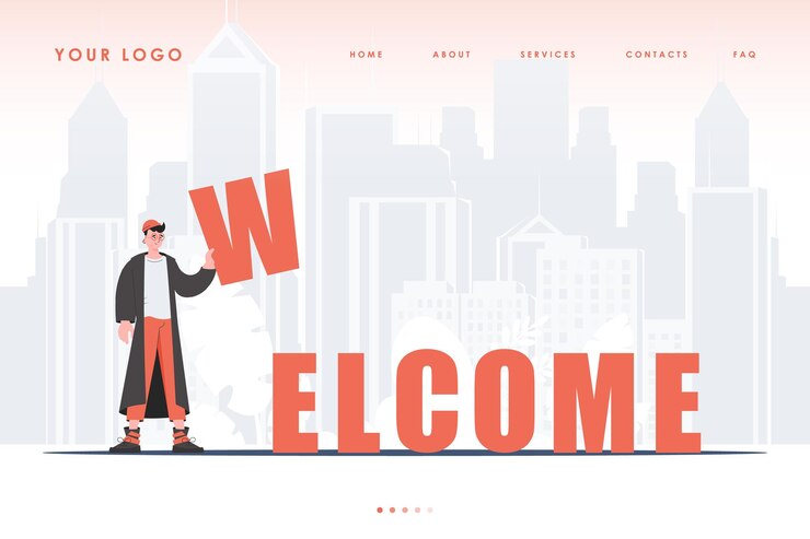 Vector welcome landing page a man stands and holds the letter w in his hands the initial page for the site trendy cartoon character vector illustration