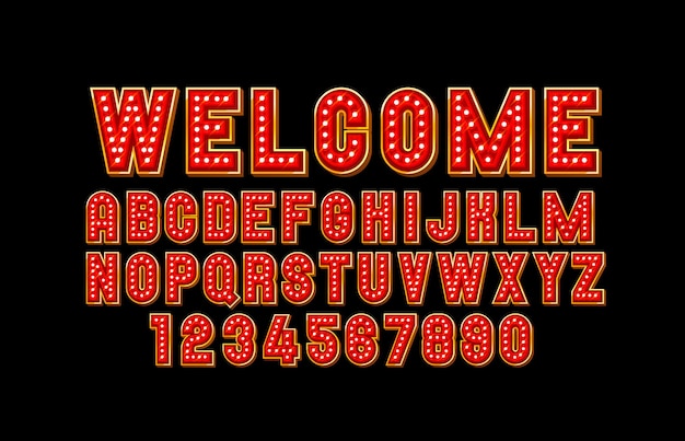 Welcome light font lamp symbol, gold letter and numbers set. vector illustration