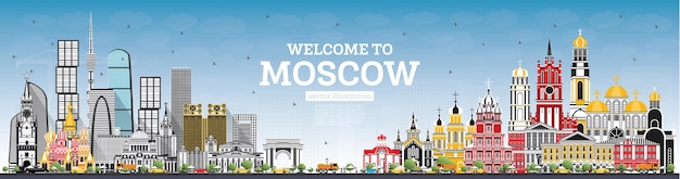 Benvenuti a mosca russia skyline con edifici grigi e cielo blu. illustrazione di vettore. viaggi d'affari e concetto di turismo con architettura moderna. paesaggio urbano di mosca con punti di riferimento.