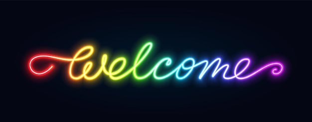 Welcome neon title with glowing backlight Night bright rainbow spectrum advertising signboard Fluorescent shiny light invitation luminous handwritten line swashes text banner landing page header